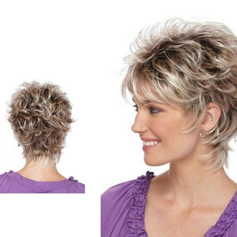Vogue Womens fashion short Fluffy Wavy mixed Blond Brown Curly Natural Hair Wig