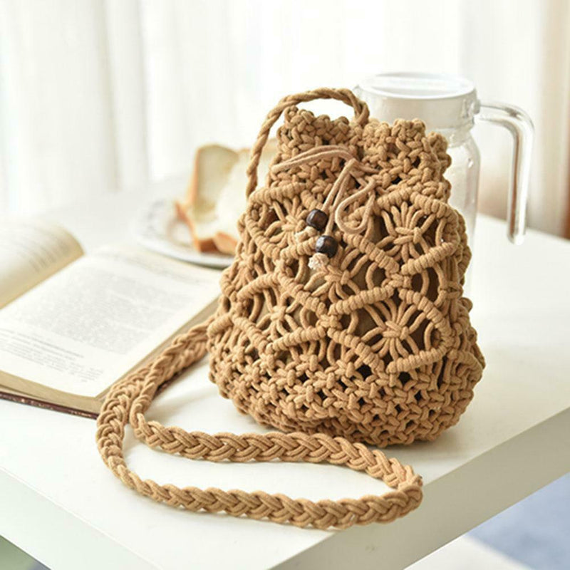 Woven Shoulder Drawstring Bucket Handbags Women Crossbody Bag (Light Brown)