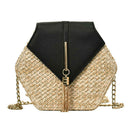 Hex-shape Straw+PU Shoulder Handbags Beach Women Top-handle Bags (Black) SN9F