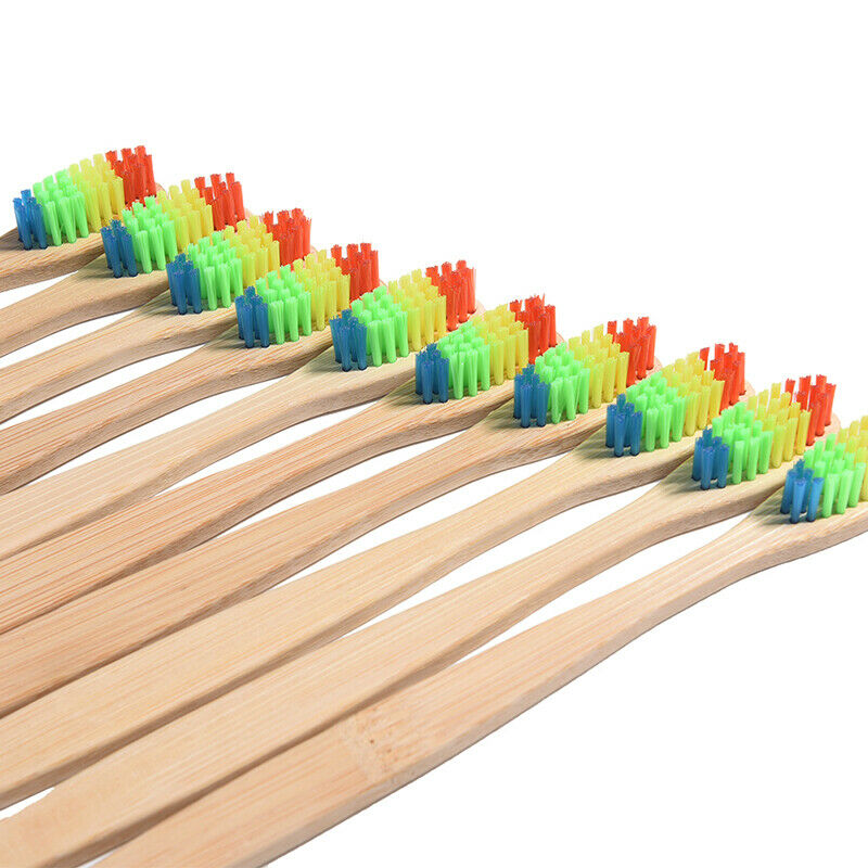 10PCS Delicate Whitening Rainbow Wood Toothbrush Bamboo Fibre Wooden Handle FT