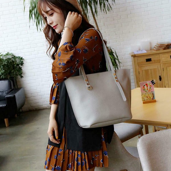 4pcs/set Solid Color Litchi Pattern Women Shoulder Handbags Clutch (Grey)