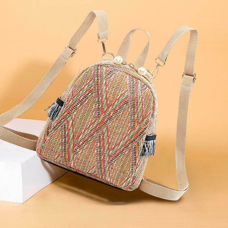 Straw Small Backpacks Women Stripe Print Shoulder School Bags (Dark Brown)