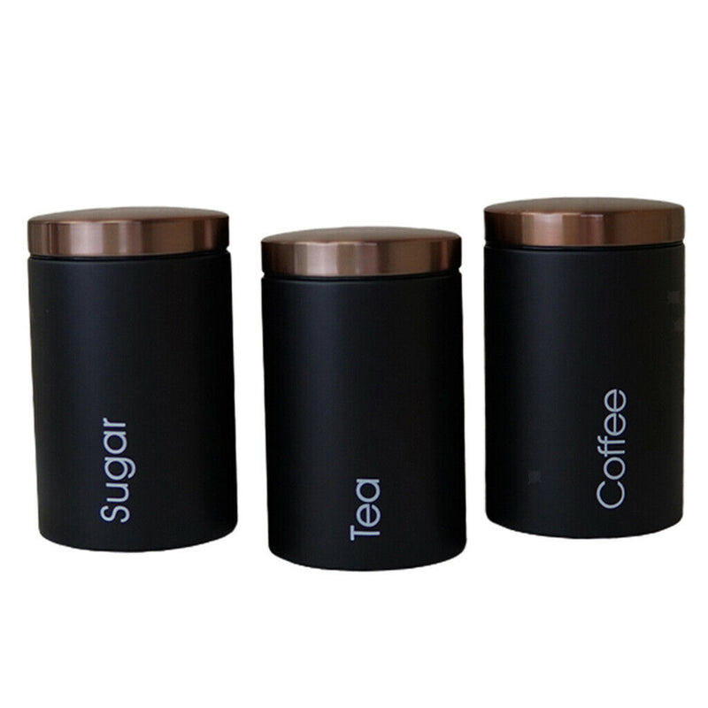 3pcs Tea Coffee Storage Canisters w/ Lid Kitchen Dry Nuts Space-saving Black