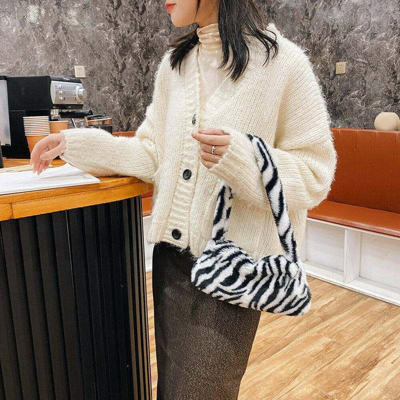 Animal Pattern Underarm Bag Women Mini Plush Shoulder Handbags Purse (4)