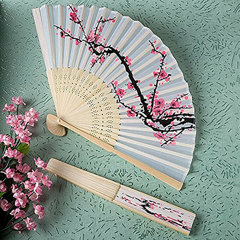 Hand Held Silk Folding Fans with Bamboo Frame, Cherry Blossom and Butterfli N1J7