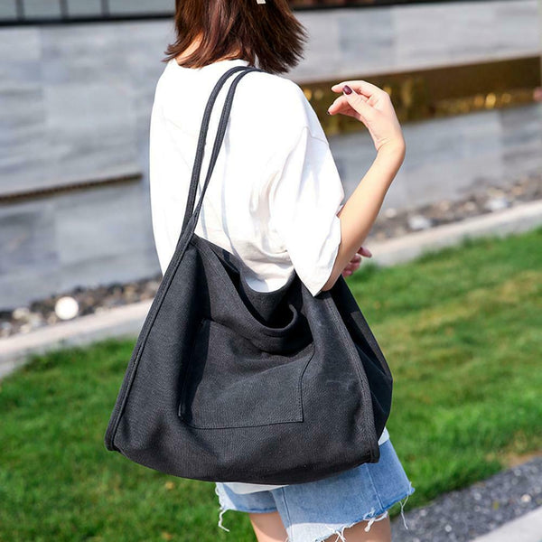 Solid Color Shoulder Handbags Canvas Women Large Top-handle Bags (Black) A#S