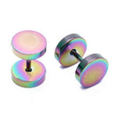 Pair Men's Titanium Steel Barbell Stud Earrings Gothic Rainbow 8mm N2S3