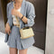 Women Straw Shoulder Bag PU Splicing Female Casual Messenger Pouch (Khaki)