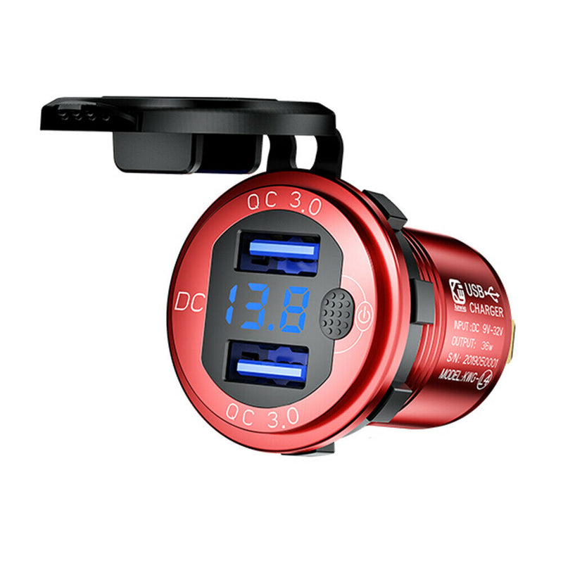 L4 Car Dual USB Charger QC3.0 USB Power Outlet w/ Voltmeter + Switch (Red)