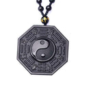 Obsidian Carved Yin Yang Ba Gua Pendant Necklace Lucky Amulet Chain Jewelry J5K2