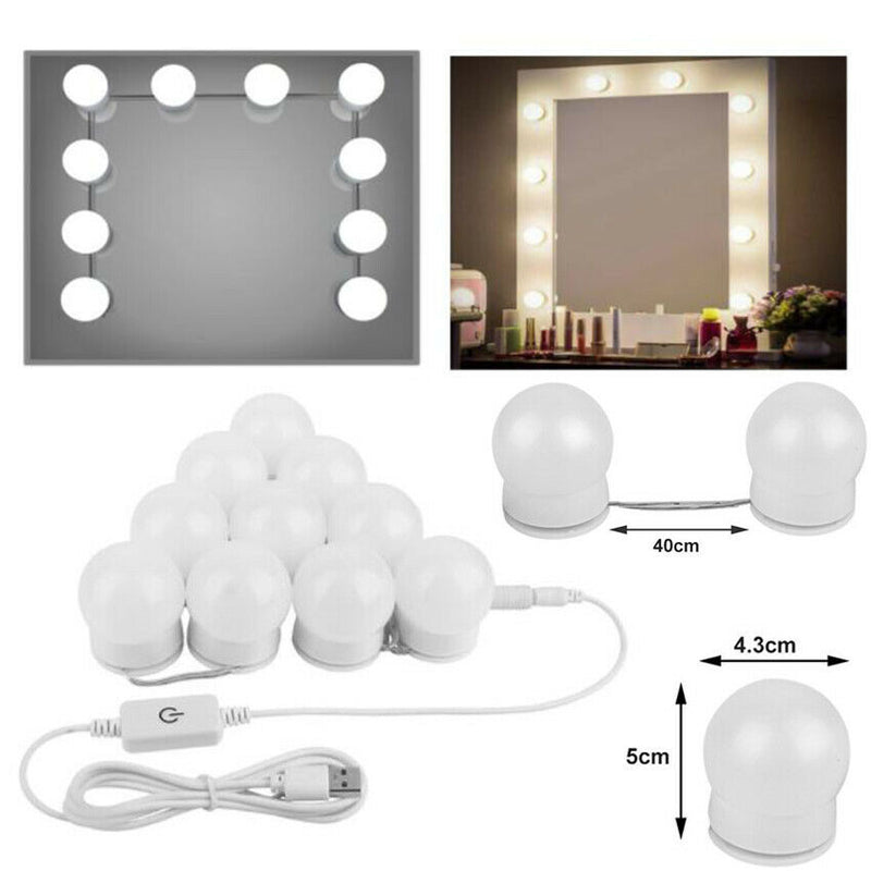 USB Makeup Mirror LED Light 10 Bulbs Lighted Dimmable Lamp Beauty Christmas Gift