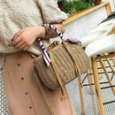Women's Beach Handbag Straw Shoulder Bag with Handles and Silk Ribbon Bucke H5I5