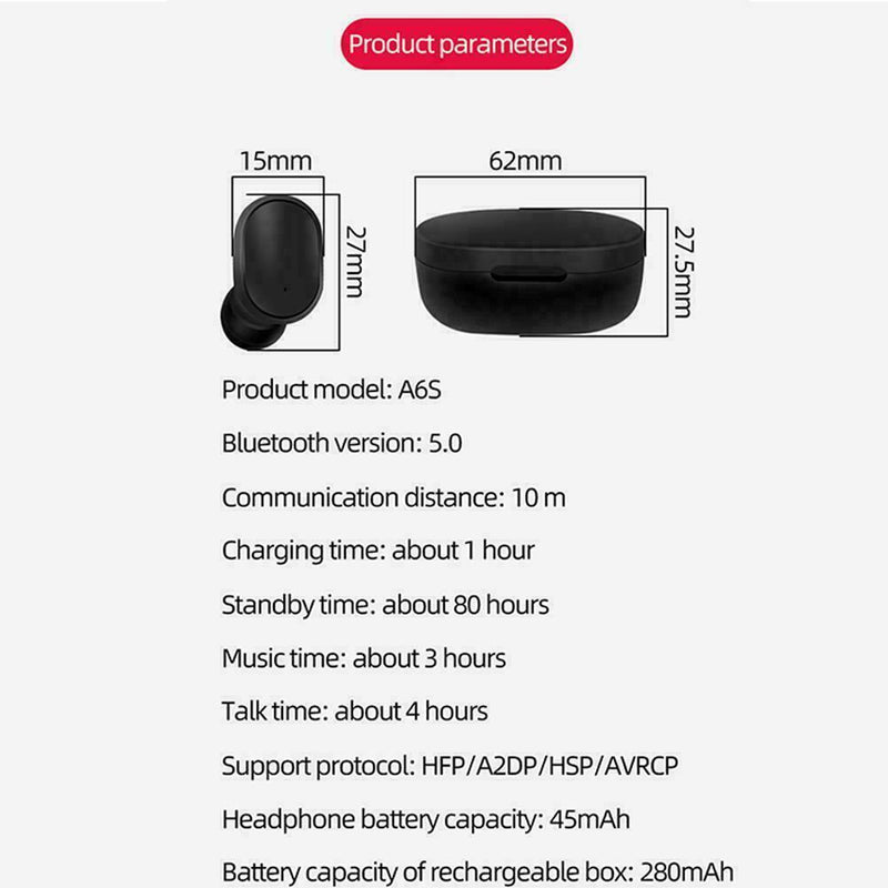 A6S Mini Headset Bluetooth 5.0 Earphone Stereo Earbuds In-Ear with Charging K2P6