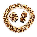 3Pcs /Set Beige Leopard Fluff Plush Steering Wheel Cover Winter Car Accessor-3C
