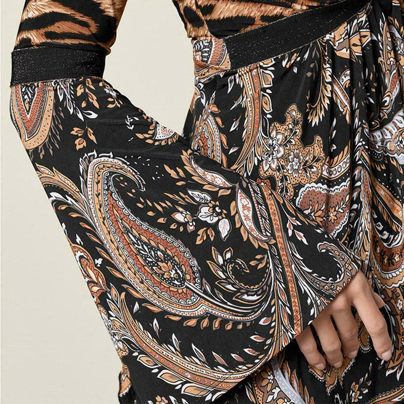 Sexy V-Neck Leopard Print Long Sleeve Women Daily Tops Blouse (Black M)