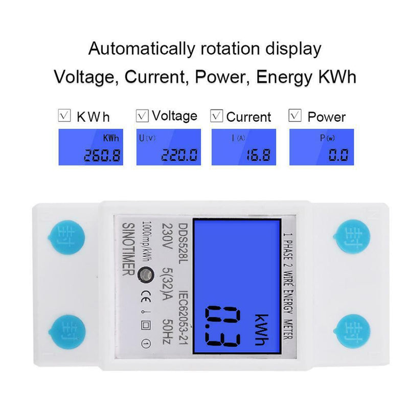 5-32A 230V 50Hz Digital Rail Single Phase Wattmeter Power Consumption Watt M A
