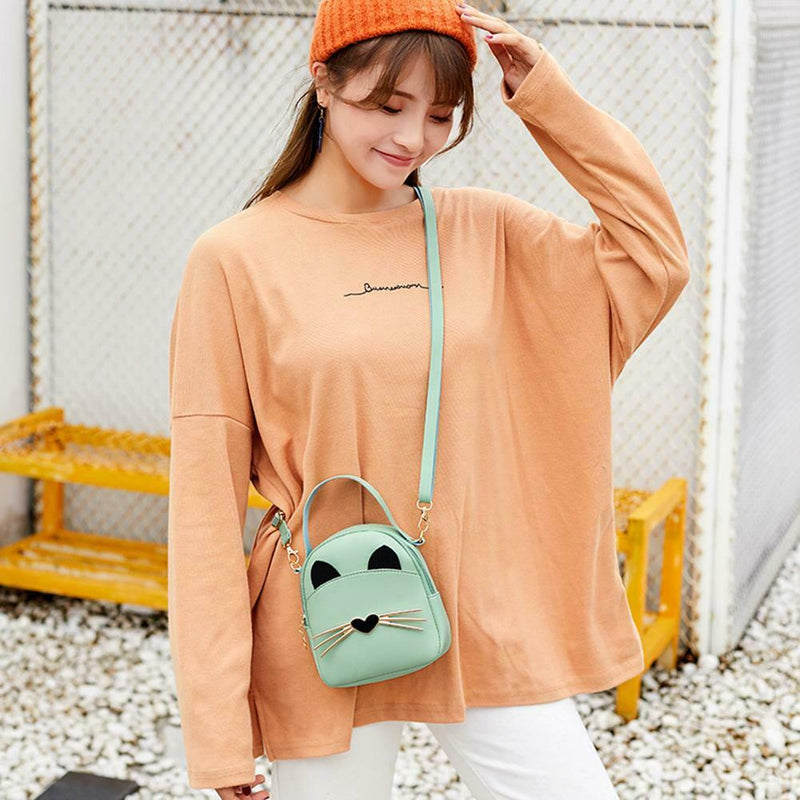 Women PU Leather Crossbody Messenger Bag Cute Cat Shoulder Backpack (Green)