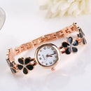 Girls Chic Fashion Flower Rose Golden Bracelet Wrist Watch Black