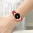 Women PU Leather Quartz Luxury Starry Sky Crystal Dial Watches (Rose Red) A