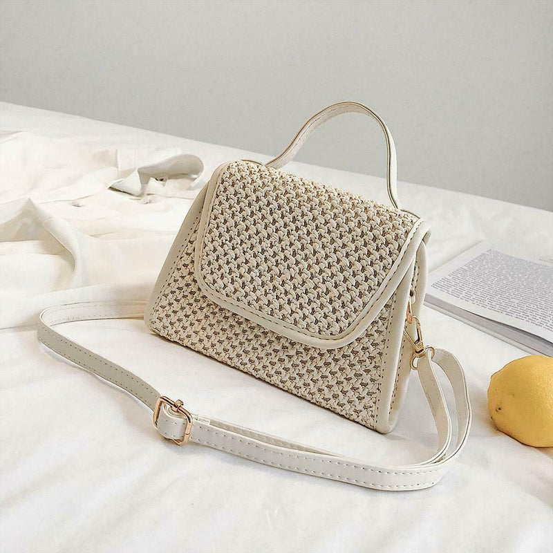 Retro Hit Color Shoulder Handbags Women Flap Woven Crossbody Bags (Beige)