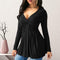 Women Spring Solid Color Shirts Casual V-neck Pleated Tops (Black)(XL)