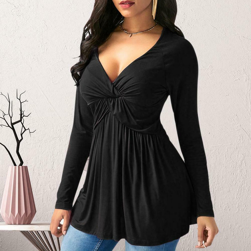 Women Spring Solid Color Shirts Casual V-neck Pleated Tops (Black)(XL)