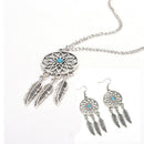 Bohemian Dreamcatcher Leaves Feather Pendant Necklace Earrings Jewelry Set Gw