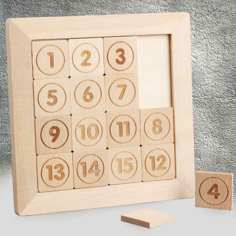 15 Sliding Tiles Math IQ Game Toys Wooden Brain Game for Adults Children