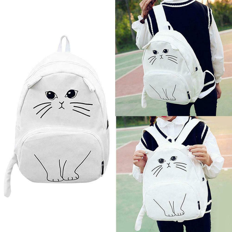 Women Canvas Lovely Cute Cartoon Cat Backpack Students School Bag(White)