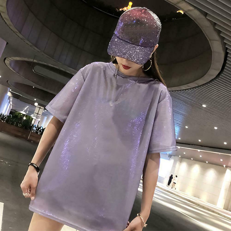 Fashion Women Bling Solid Short Sleeve Loose T-Shirts Long Tops (Purple L)