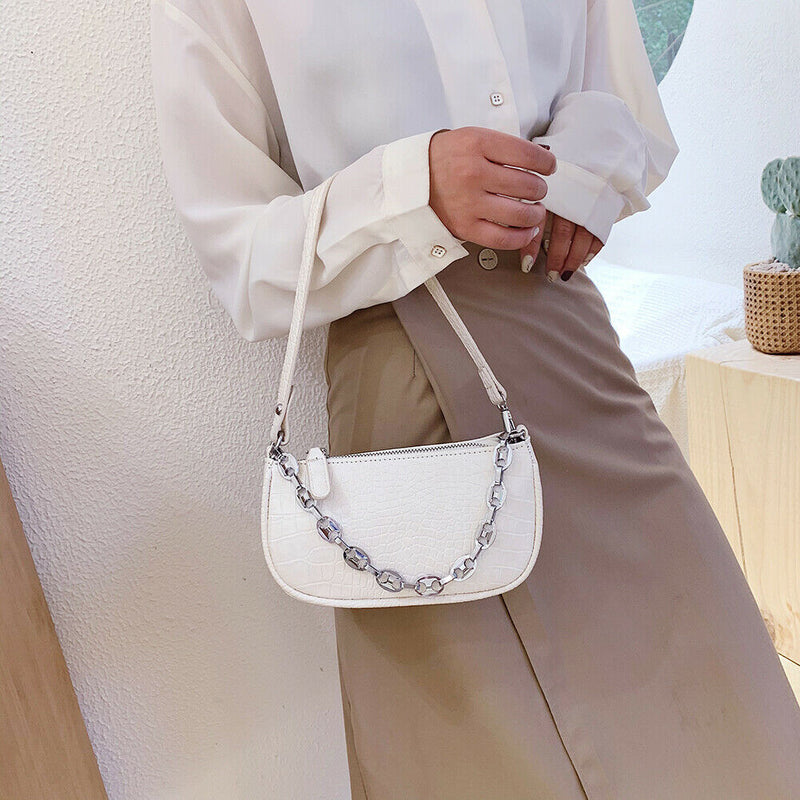 Alligator Pattern Shoulder Totes Bag Women Leather Chain Handbag (Beige) A