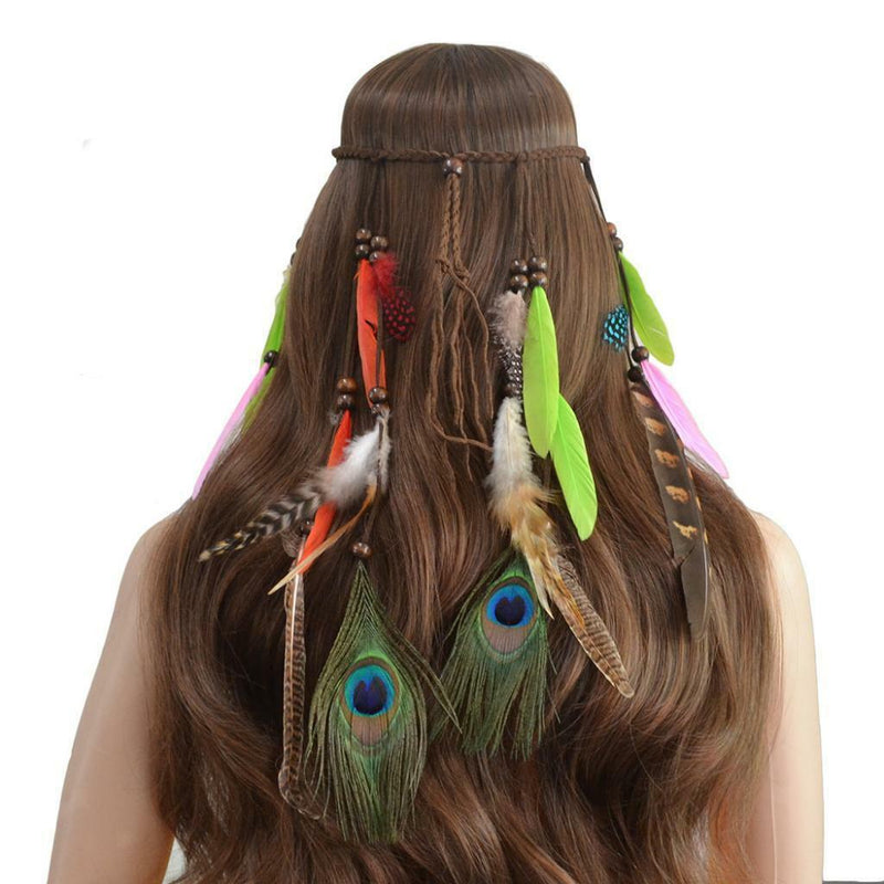 Women Girl BOHO Colorful Feather Peacock Hair head band Headband Prop