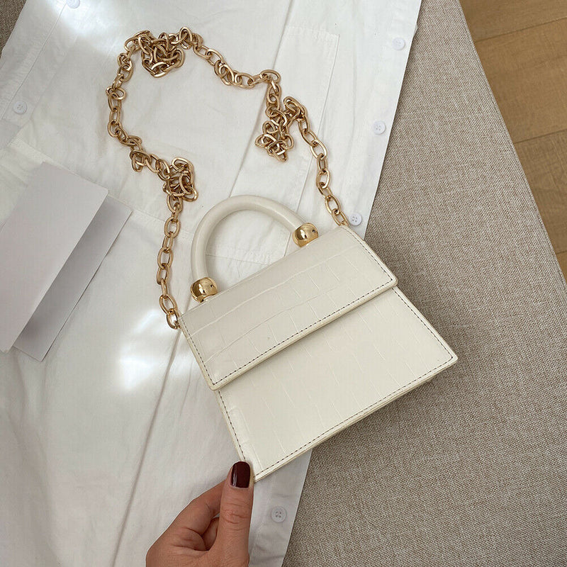 Women Mini Shoulder Bag Alligator PU Tote Chain Crossbody Pouch (White)