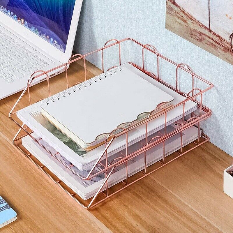 1 Set Of 2 Office Supplies Metal Stackable File Document Letter Tray Organi E2J4