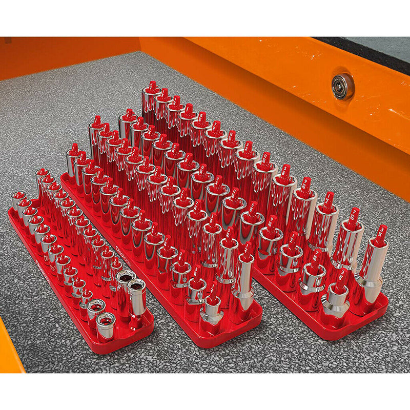 3Pcs Socket Trays 1/4 1/2 3/8 Inch SAE and Metric Socket Organizer Rail Trays