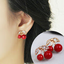 Fashion Women Red Cherry Rhinestone Ear Studs Beads Golden Alloy Leaves Earrings