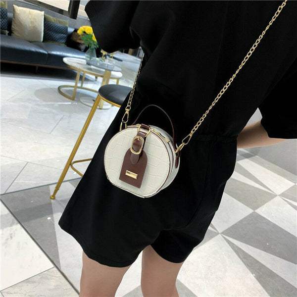 Mini Round Tote Shoulder Bag Women Leather Chain Messenger Purse (2 White)