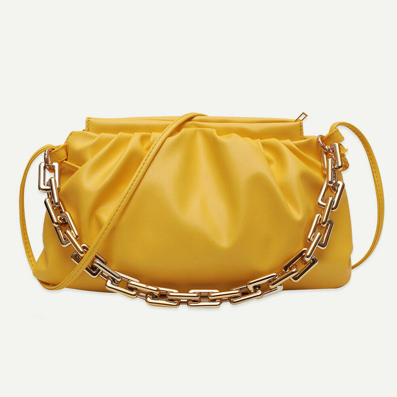 Women Pleated Shoulder Bag Chain Totes PU Cloud Messenger Handbag (Yellow)