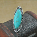 Women Studded Oval Turquoise Bohemia Tibetan Ethnic Long Finger Ring Gift