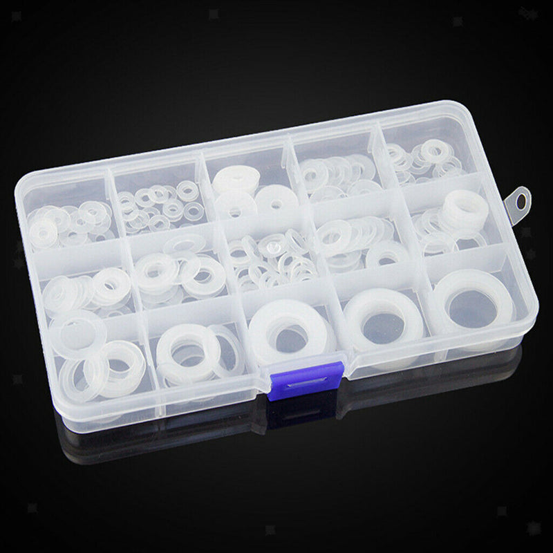 250Pcs Durable White Nylon Washer Flat Gasket  Washer Set With Storage Box