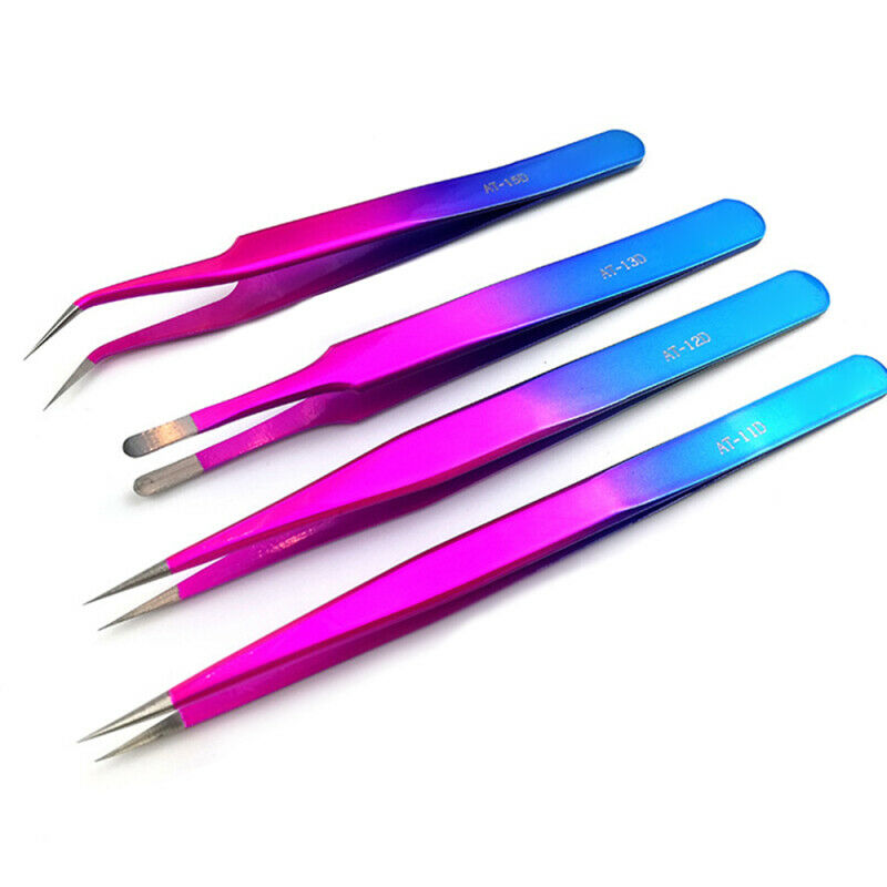 4x Electroplated Colorful Tweezers Precision Stainless Steel Anti-static Tweezer