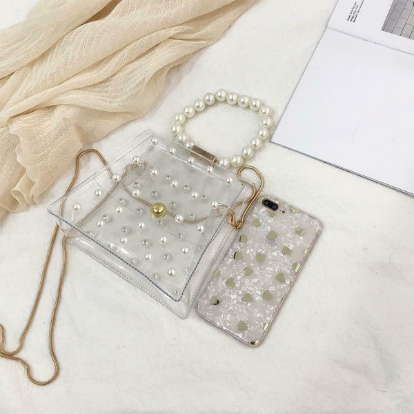 Pearls Clear Shoulder Handbags PVC Women Crossbody Top-handle Bags (White)