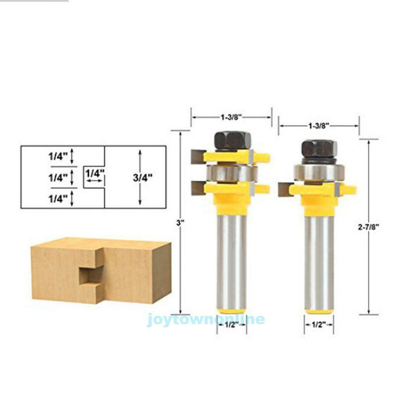 2pc Alloy Tongue Groove Router Bit Set 1/4" x 1/4" - 1/2" Shank Woodworking Tool