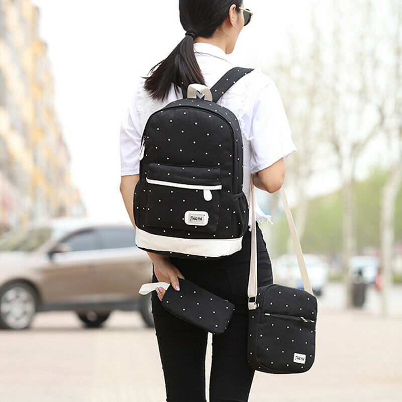 3pcs Set Women Canvas Backpack Big Student Book Bag with Purse Laptop Bag H S9M5