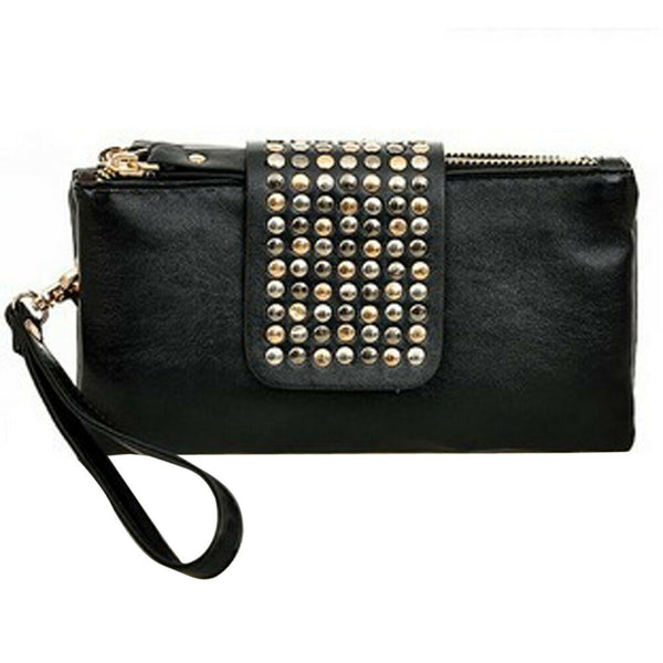 Women PU Leather Fashion Black Rivet Handbag Clutch Bag Zipper Long Wallet