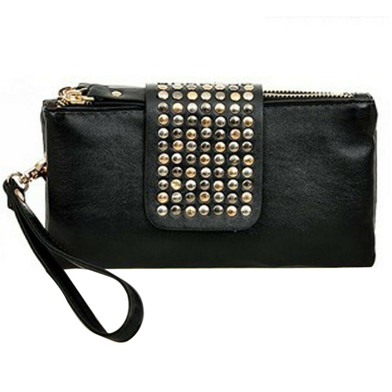 Women PU Leather Fashion Black Rivet Handbag Clutch Bag Zipper Long Wallet