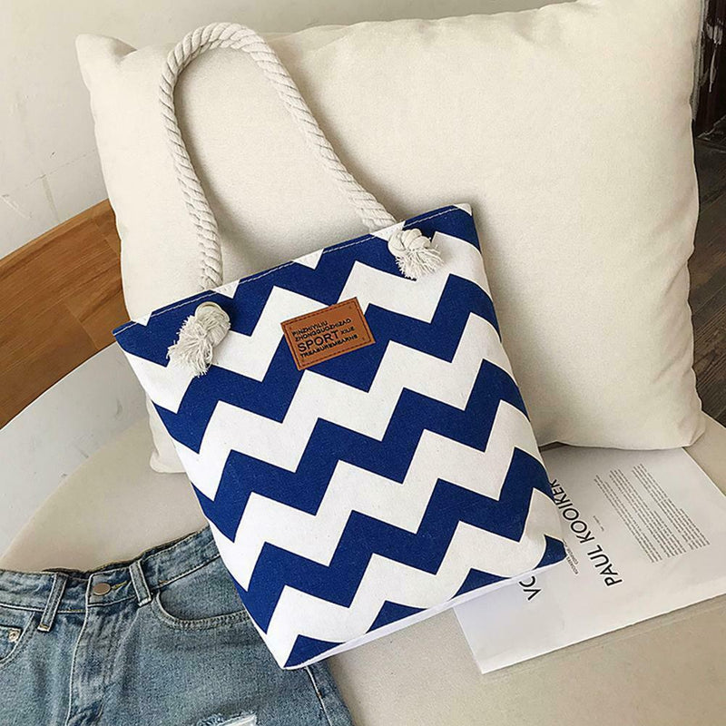 Women Striped Handbag Canvas Large Capacity Shopping Shoulder Bag (Blue) A