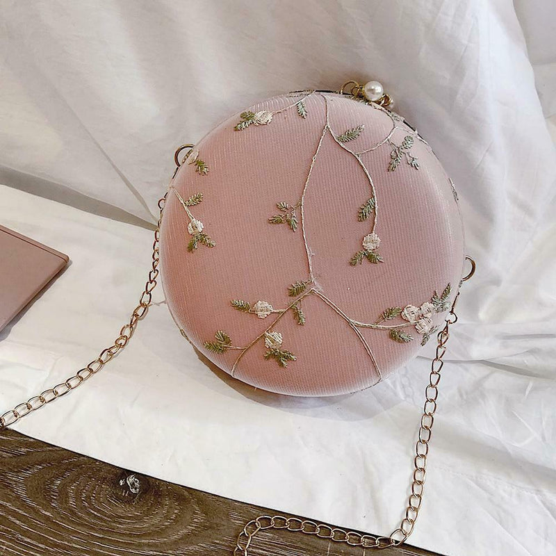 Round Chain Messenger Bag Flower Elegant Women Leather Shoulder Bag (Pink) A