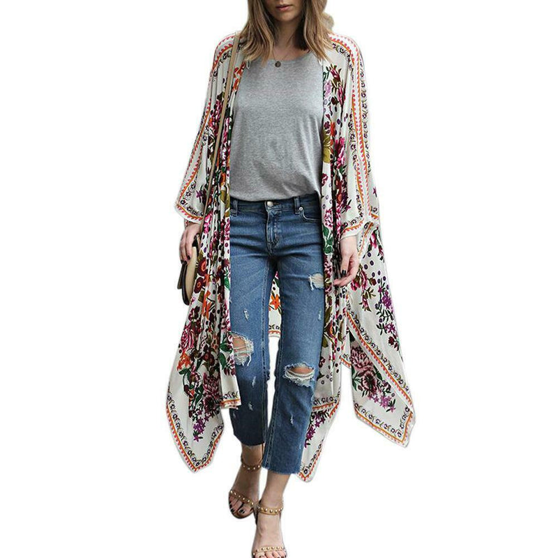 Women Chiffon Kimono Cardigan Floral Print Asymmetric Boho Loose Outerwear