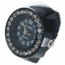 Ladies Elastic Black Band Rhinestone Case Finger Ring Watch M9Y4